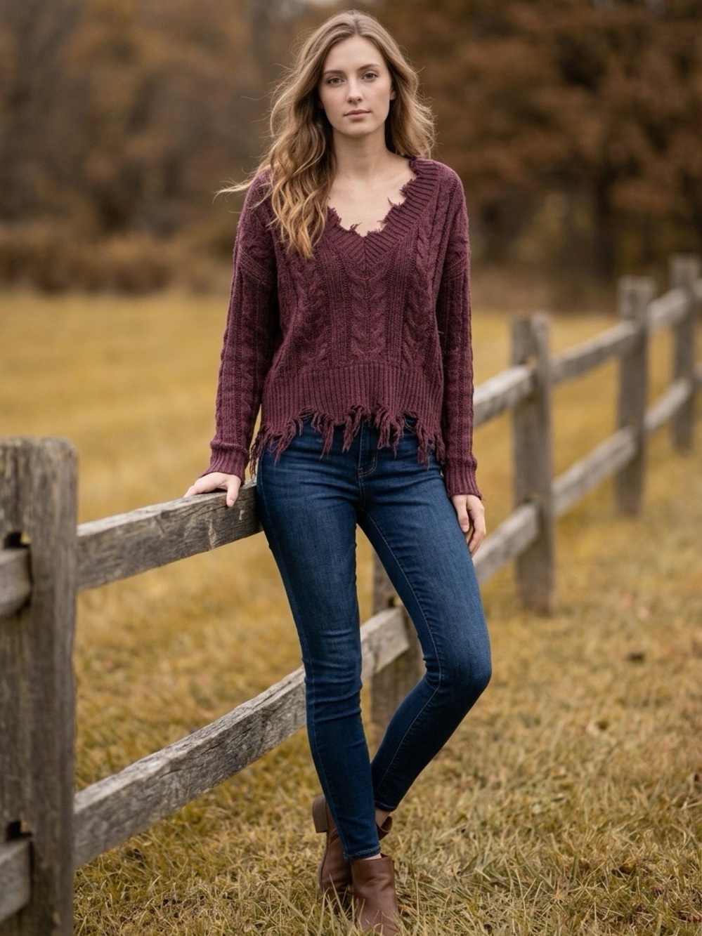 BKE Cable Knit Distressed Burgundy Oversized Sweater Size XS Hippie Boho Fringe